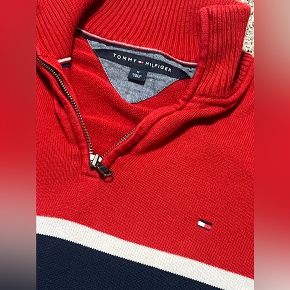 Vintage Tommy Hilfiger Sweater Mens Medium Red & Blue Striped 1/4 Zip Pullover - Picture 3 of 8